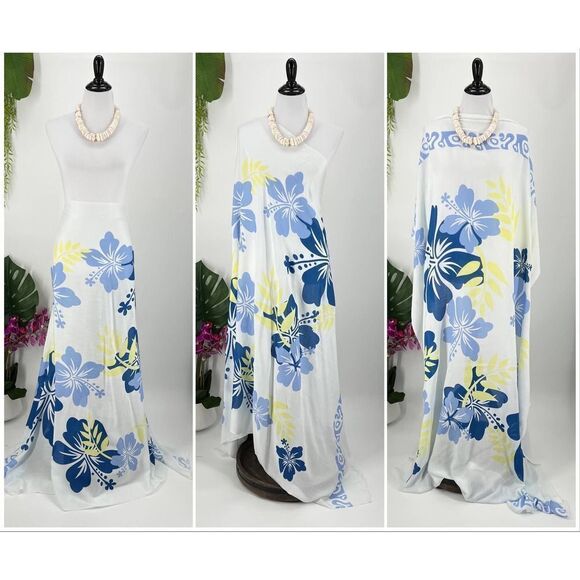 White Blue Yellow Tropical Hibiscus MAXI SARONG Kīkepa Pareo Beach Wrap Skirt - Picture 4 of 4